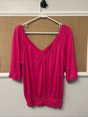 579 Women's Bright Fuchsia V-Neck Smocked Hem Blouse